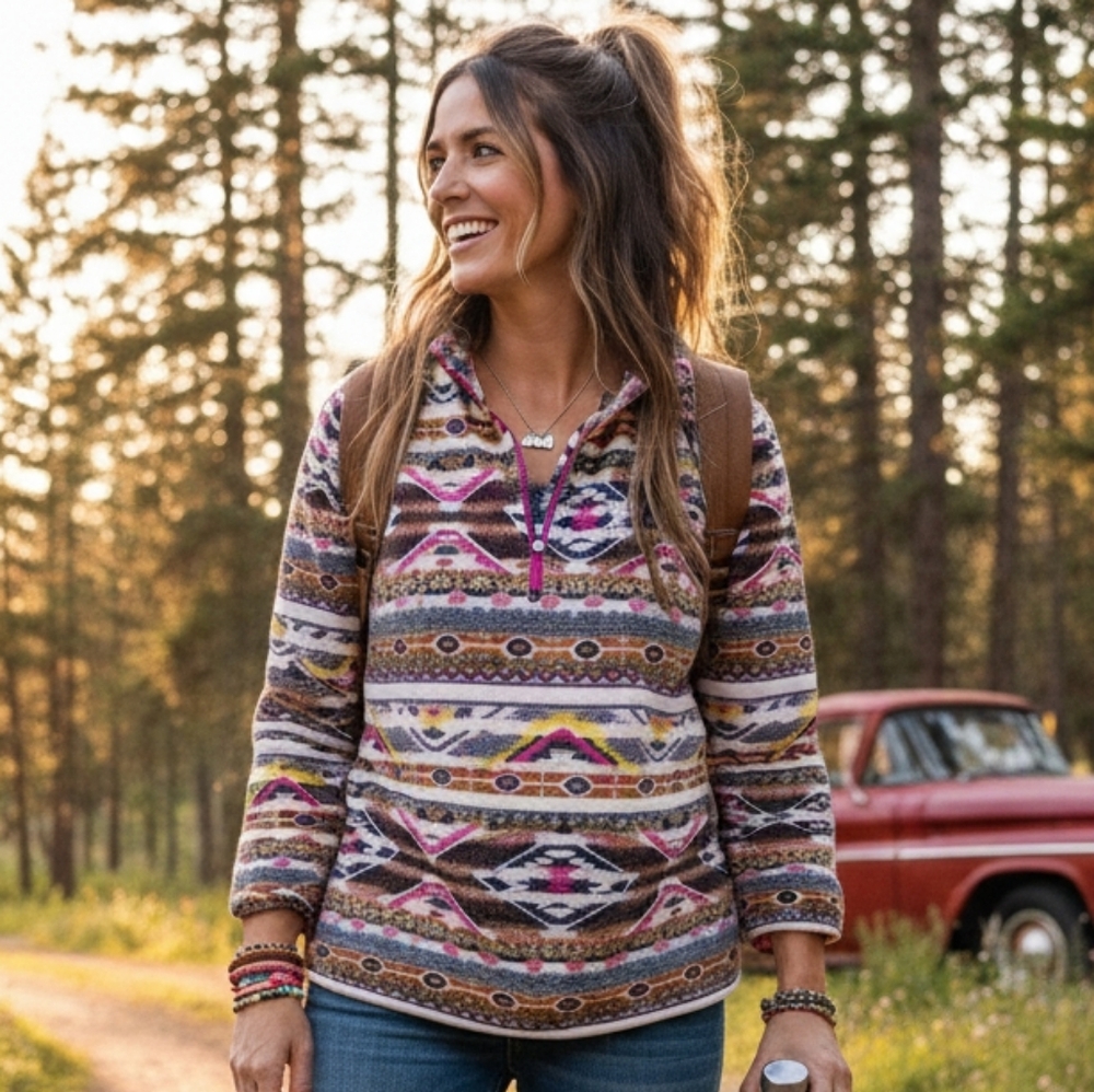 Eddie Bauer XS Gorpcore Southwestern  Navajo Aztec Quarter Zip Fleece Sweater